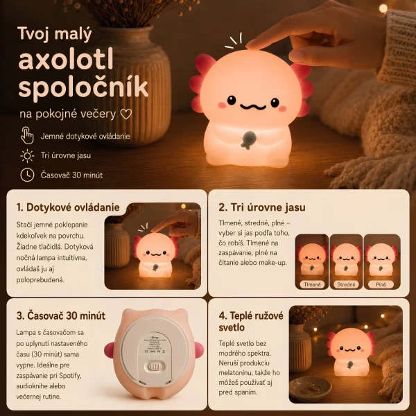 Axolotl lampa spolocnik — funkcie dotyk casovac 30 min uroven jasu Blumy