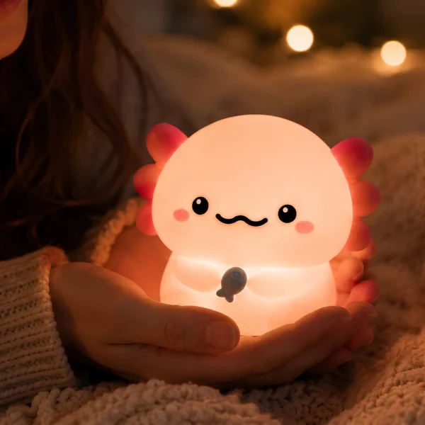 Axolotl lampa v rukach — detail ruzoveho silikonu Blumy