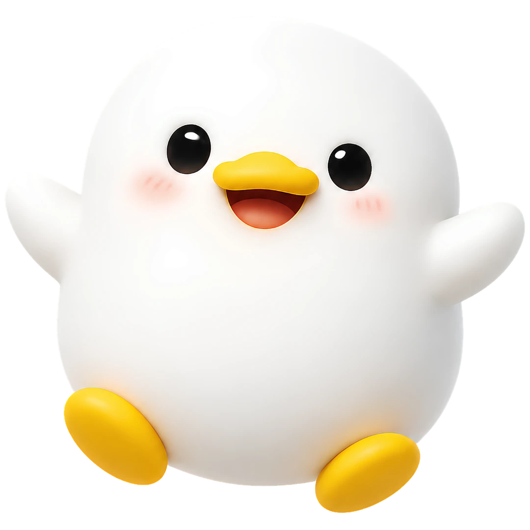 Kacka maskot Blumy — otvorene ramena na privitanie — welcome ilustracia