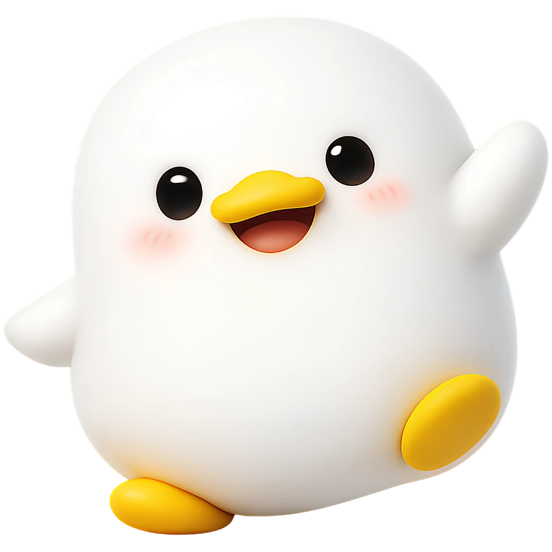 Kacka maskot Blumy — radostny skok s otvorenou hubkou — brand ilustracia