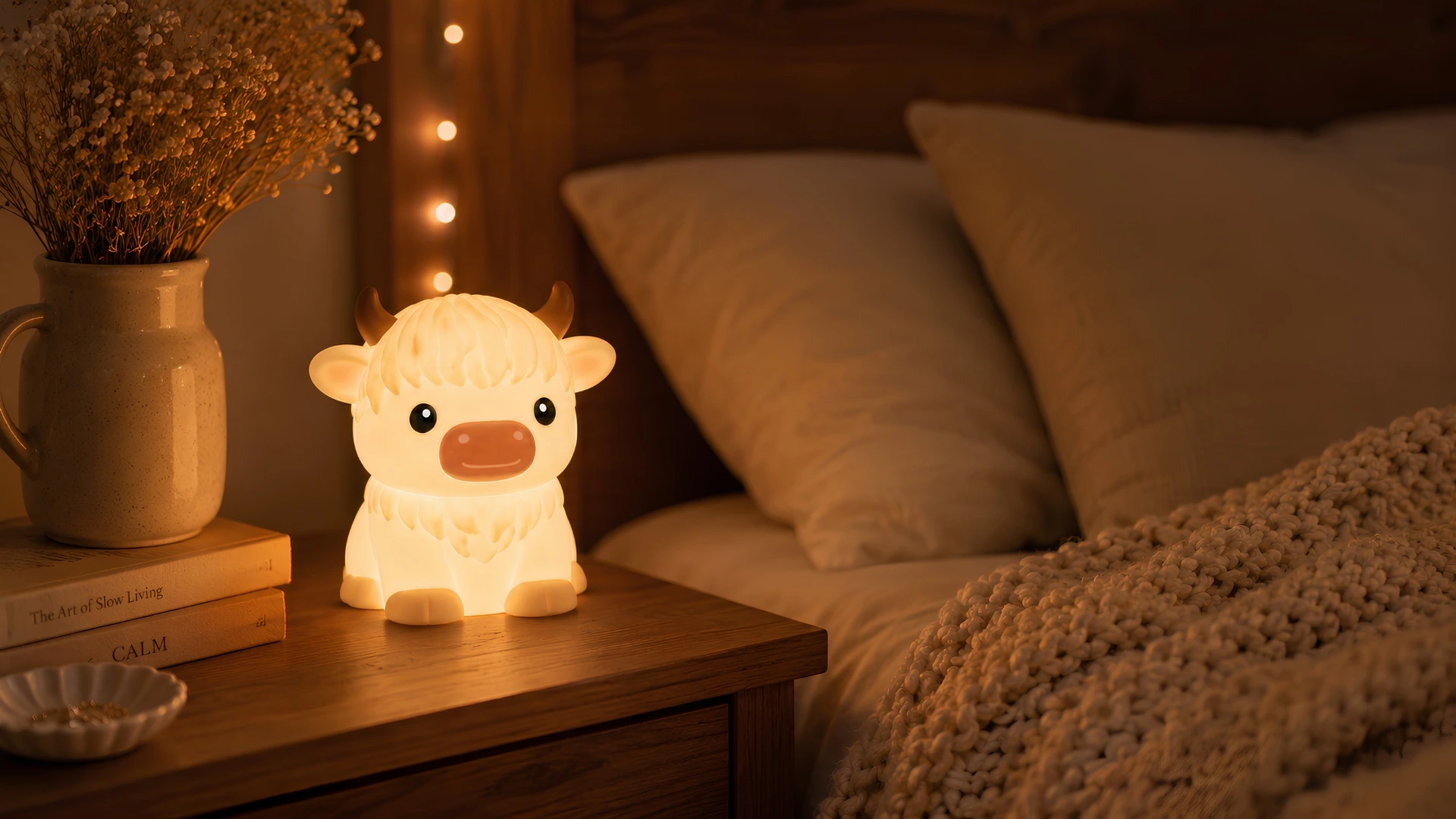 Lampy do spalne — nocne svetielko Kravicka na nocnom stoliku Blumy