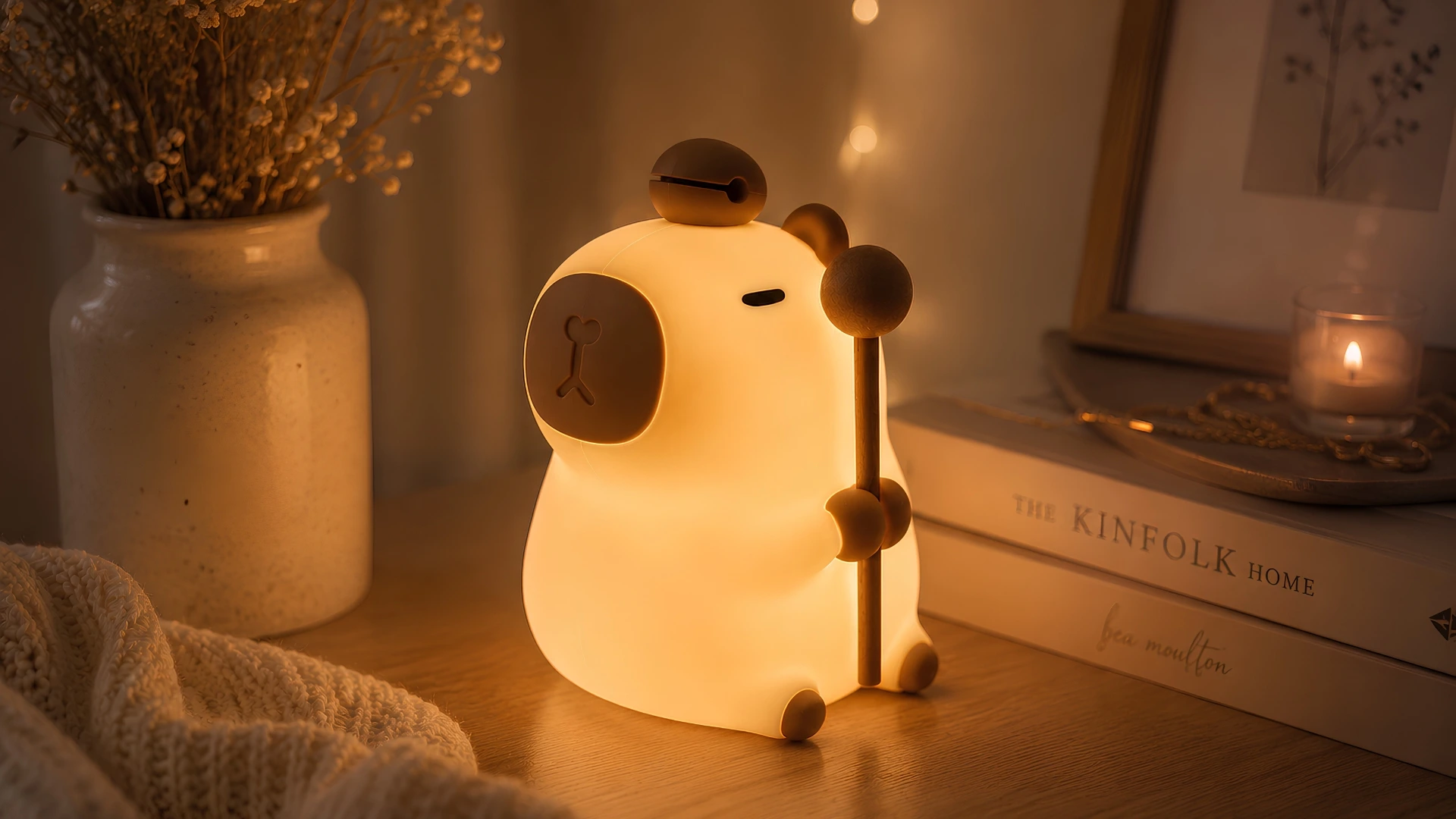 Lampy pre tinedzerov — kapybara lampa s knihou Kinfolk Blumy