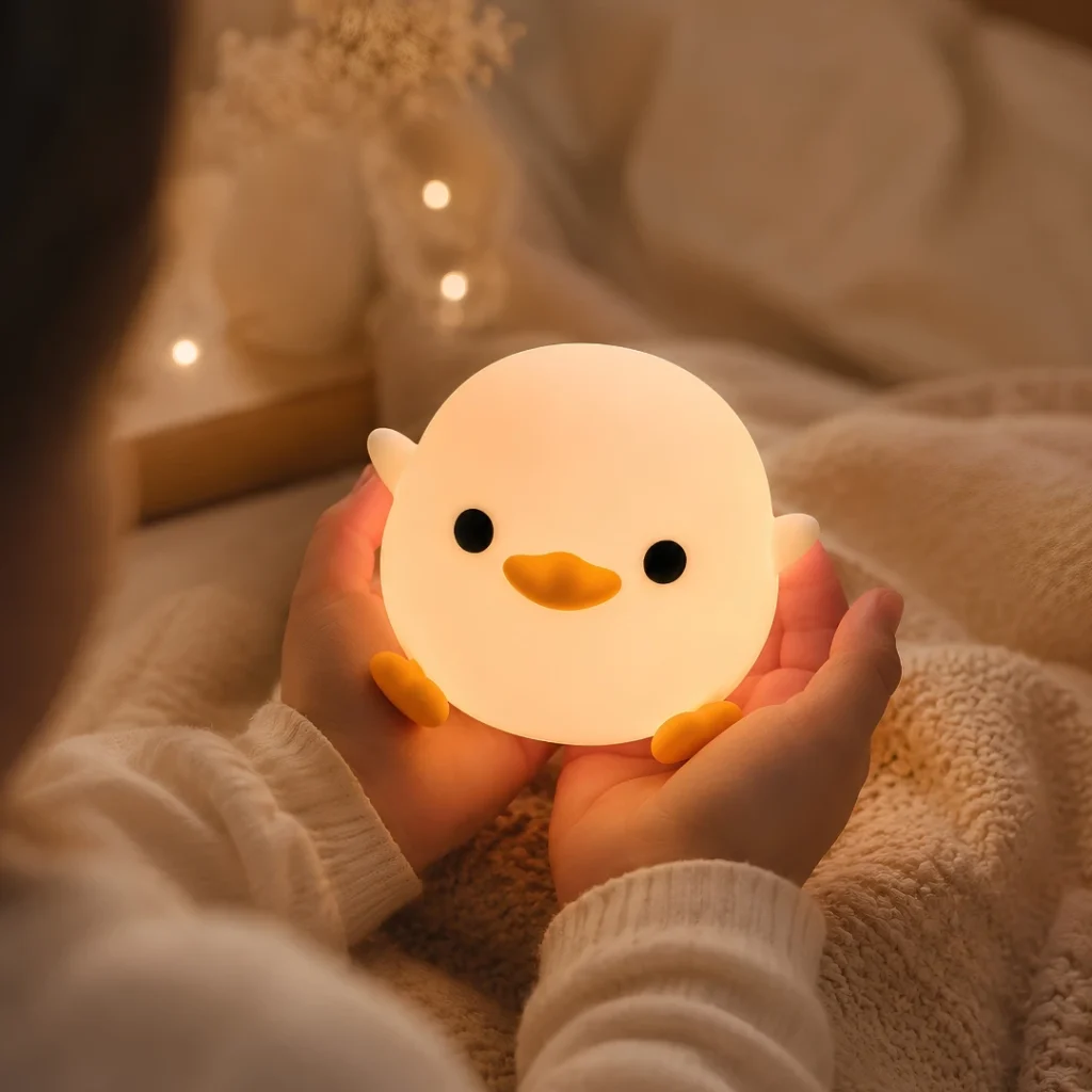 Silikónová dotyková nočná lampa Kačka svieti v dlaniach